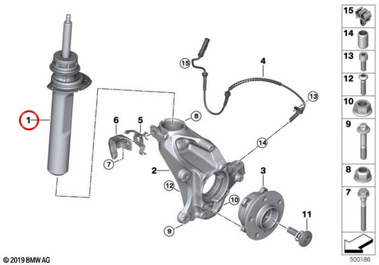 Links vorne Schockweizen OEM 31306884817 für BMW F40. Original BMW.