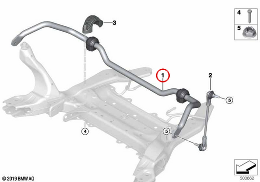 Barra dello stabilizzatore anteriore OEM 31306892708 per BMW F70, U06, U25. BMW originale.