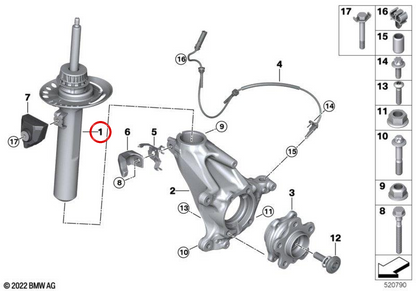 Stoßdämpfer vorne links OEM 31306897367 für BMW X1 U11 (xDrive20d, xDrive20i, xDrive23d, xDrive28i). Original BMW.