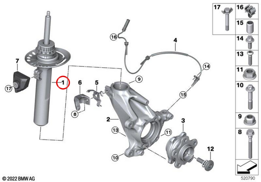 Front Left Shock Absorber OEM 31306897367 for BMW X1 U11 (xDrive20d, xDrive20i, xDrive23d, xDrive28i). Genuine BMW.