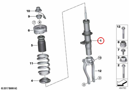 Pied de jambe télescopique EDC avant droit OEM 31307856900 pour BMW F90 M5, M5 CS et F93 M8 Gran Coupé... et plus. Original BMW.