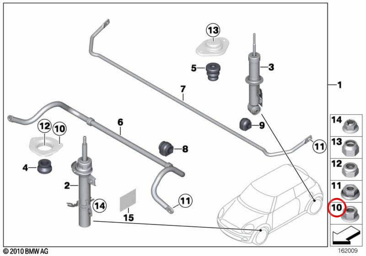 Écrou autobloquant OEM 31316769731 pour BMW {E81, E82, E87, E88, E36, E46, E90, E91, E92, E93, E34, E39, E60, E61, E63, E64, E32, E38, E65, E66, F01, F02, E31, F91, G14, E84, E83, E53, E85, E86, E89, E52} et MINI {R50, R52, R53, R55, R56, R57, R58, R