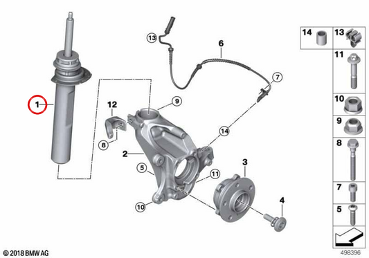Montante sospensione anteriore destro OEM 31316861702 per BMW X1 F48 LCI e X2 F39. BMW Originale