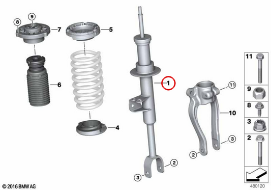 Amortiguador delantero derecho OEM 31316866626 para BMW G30, G31. Original BMW.