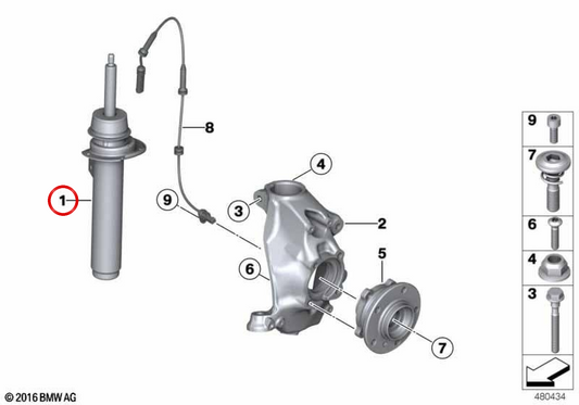 Amortiguador delantero izquierdo OEM 31316873769 para BMW F33. Original BMW.