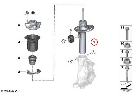 Amortisseur-ressort avant droit OEM 31316879388 pour BMW Série 4 G23 Cabrio M440i xDrive, M440iX AWD. Original BMW