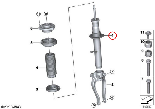 Amortiguador delantero izquierdo OEM 31316896047 para BMW G32. Original BMW.