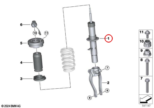 Vorderes rechtes Teleskopbein EDC OEM 31317889558 für BMW M5 G90 und M5 Touring G99 xDrive. Original BMW.