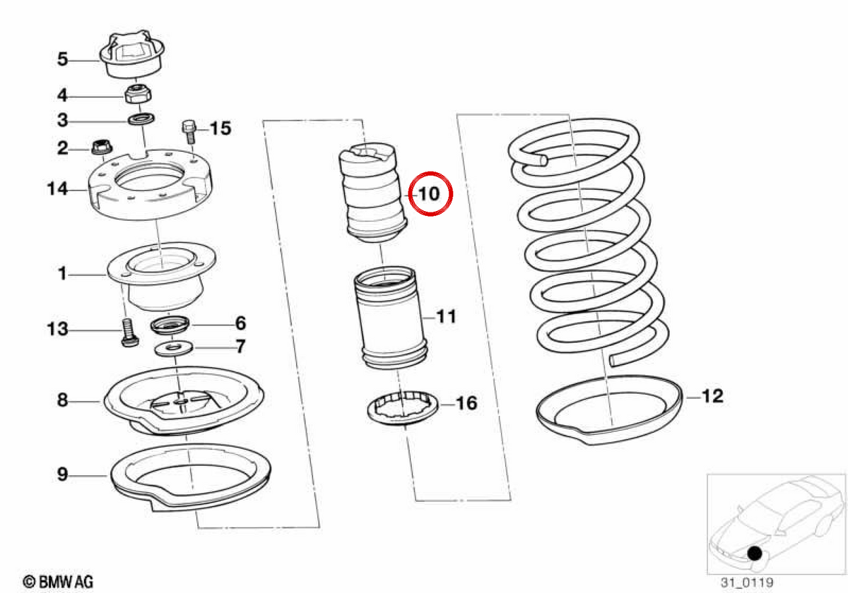 STOP di sospensione anteriore OEM 3133112449 per BMW E30, E36, E28, E34, E39, E24, E32, E38, E65, E66. BMW originale.