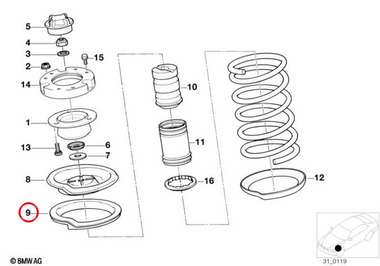Piastra elastica superiore OEM 31331128523 per MINI R50, R53, R56, Clubman R55, Cabrio R52, Coupé R58... e altro ancora. MINI originale.