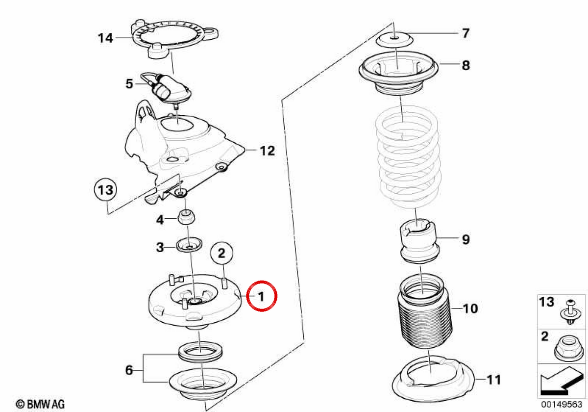 Supporto per ammortizzatore OEM 31332282651 per BMW E60, E61, E63, E64. BMW originale.
