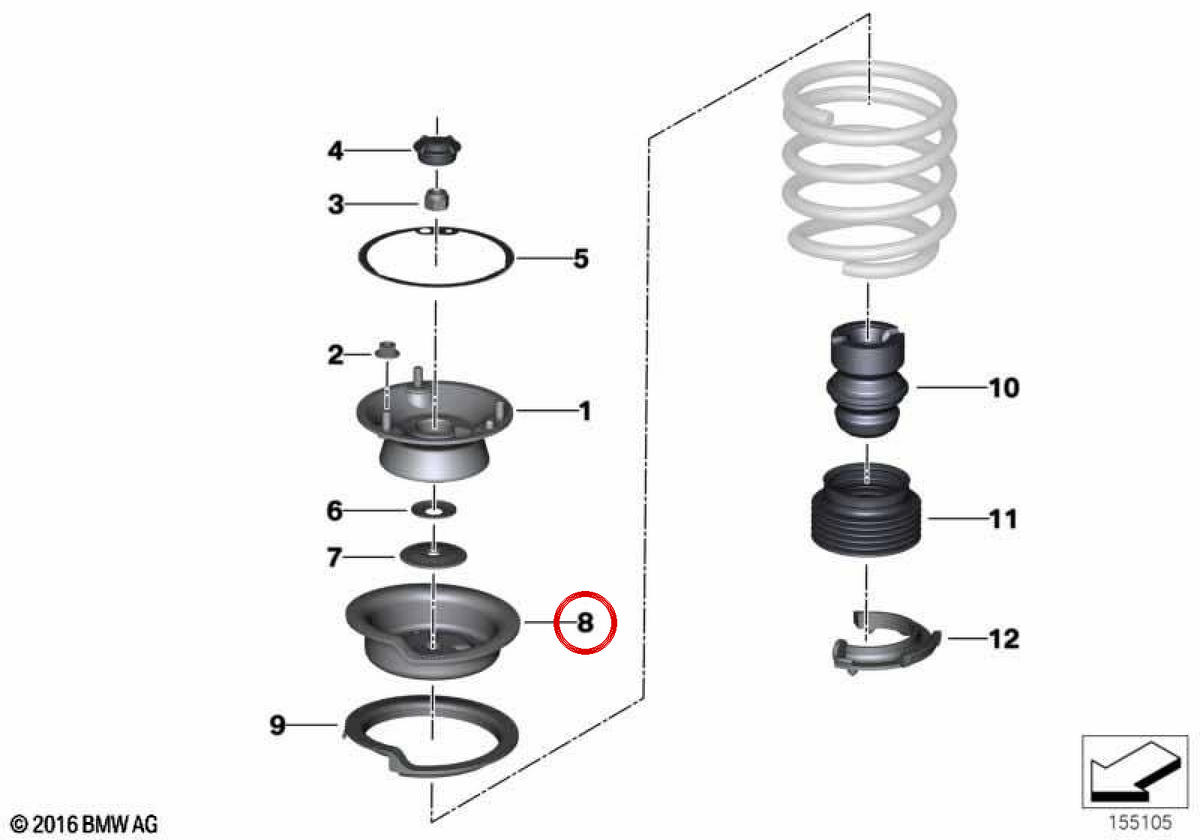 Plato de resorte superior para BMW E81, E82, E87, E88, E90, E91, E92, E93, E84 (OEM 31336764093). Original BMW
