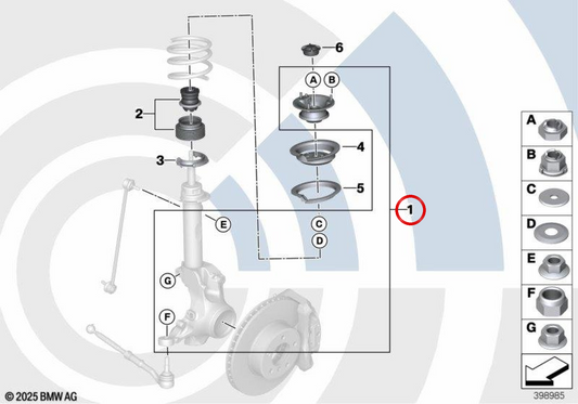 Juego de reparación del cojinete de apoyo delantero OEM 31352361249 para MINI R55 Clubman, R56, R57 Cabrio, R58 Coupé, R59 Roadster... y más. Original MINI.