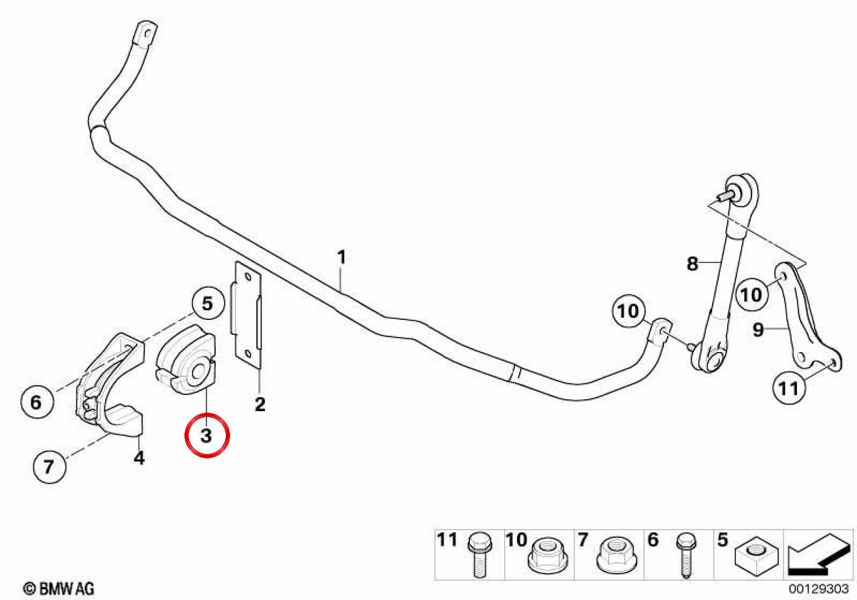 OEM stabilizer rubber support 31356761591 for BMW E60, E61. Original BMW.