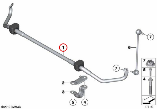 Barra estabilizadora dianteira com bloqueios silenciosos OEM 31356788720 para BMW F01, F02. BMW genuíno.