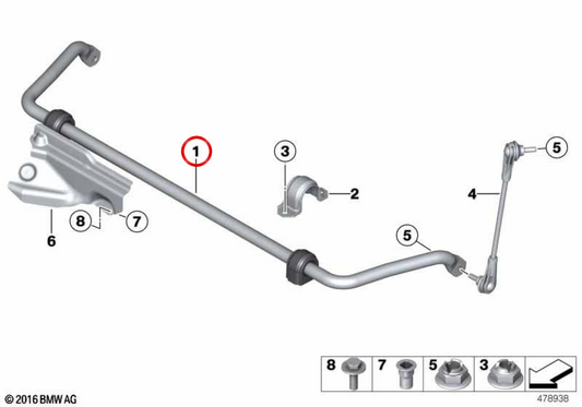 Barra stabilizzatore anteriore con blocchi silenziosi OEM 31356792130 per BMW F20, F21, F22, F30, F31, F32, F36. BMW originale.