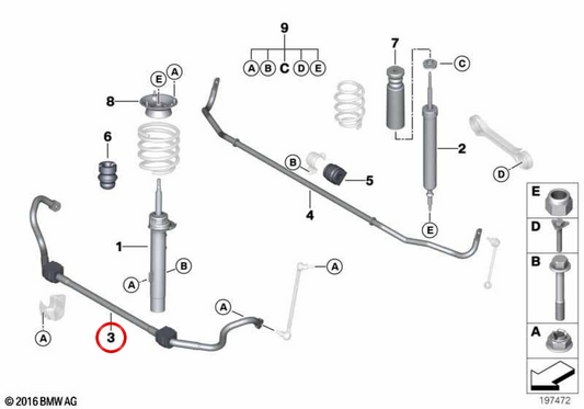 Barre de stabilisateur avant avec silentblocks OEM 31356796306 pour BMW E88, E90, E91, E92, E93. BMW d'origine.