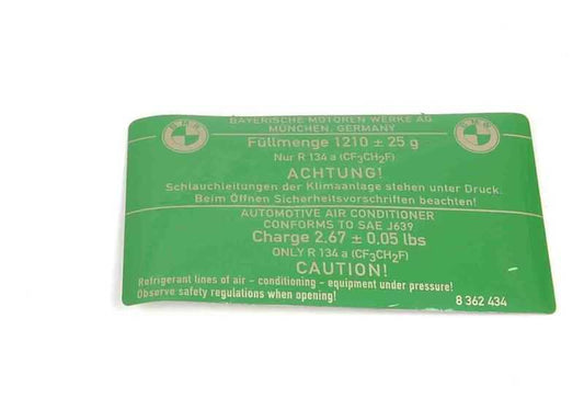 Etiqueta aviso aire acondicionado OEM 64508362434 para BMW E39 520i (todos los modelos entre 1996 y 2003). Pieza original BMW.