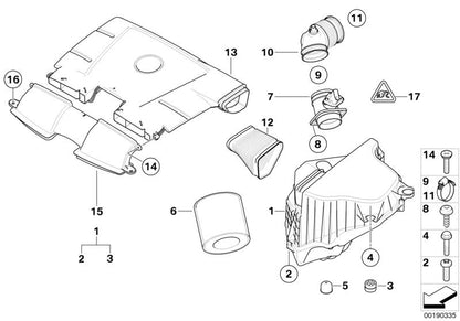 Tornillo OEM 13717543160 para BMW E81, E82, E87, E88, E90, E91, E92, E93, E84. Compatible con varios motores. Pieza original BMW para fijación en sistemas de admisión y filtro de aire.
