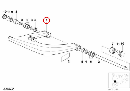 Brazo longitudinal negro OEM 31422330609 para BMW R1100R, R1100S, R850R. Original BMW Motorrad.