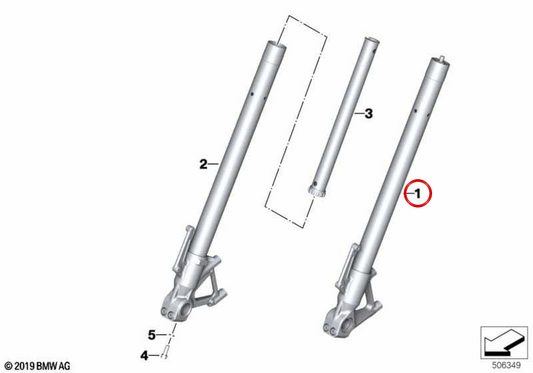 Tube glissant gauche OEM 31425A9C9C7 pour les motos BMW F 900 R, F 900 XR. BMW original Motorrad.