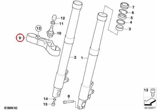 Ponte inferior da forquilha com suporte OEM 31427682850 para motos BMW R 1200 S e HP2 Sport. Original BMW Motorrad