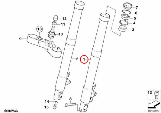 Tube plongeur gauche de fourche OEM 31427699689 pour motos BMW R 1200 GS et R 1200 GS Adventure. Original BMW Motorrad