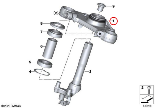 Vordere obere Gabelbrücke OEM 31427924206 für BMW R 1300 GS, R 1300 GS Adventure, R 1300 RT Motorräder. Original BMW Motorrad.