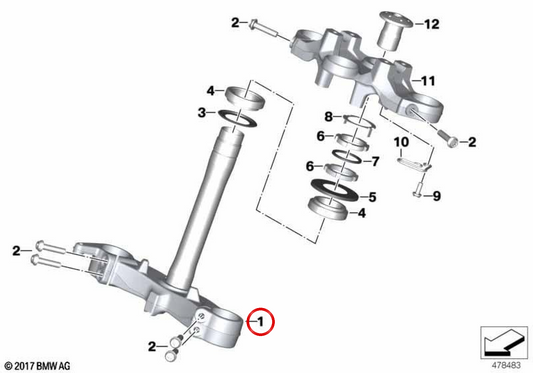 Pont de fourche inférieur OEM 31428404214 pour motos BMW F900XR (K84), F900XR A2 (K84)... et plus encore. BMW Motorrad d'origine.