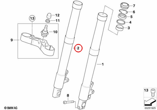 Tubo deslizante da forquilha dianteira direito preto OEM 31428550808 para motos BMW R 900 RT, R 1200 RT e R 1200 R. Original BMW Motorrad