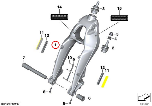 Support de roue arrière OEM 31448536114 pour motos BMW K1300R, K1200R, K1200R Sport. BMW Motorrad d'origine.