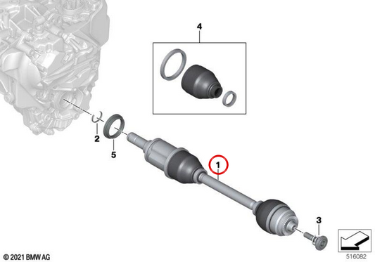 OEM 31605A25C57 left front transmission palier for BMW X3 G01, X4 G02. Original BMW.