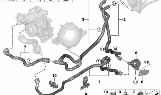 Manguera de retorno refrigerante OEM 64218053465 para BMW F97 y F98. Original BMW.