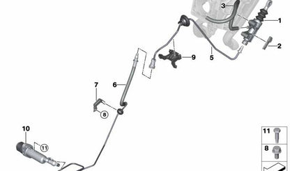 Clutch master cylinder for BMW 1 Series F40, F52, 2 Series F44, F45, F46, X1 F48, X2 F39, MINI F54, F55, F56, F57, F60 (OEM 21526865168). Genuine BMW