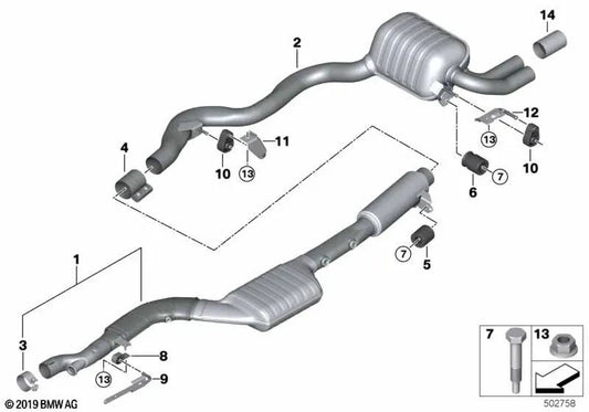 Rear left silencer bracket for BMW 3 Series F30, F31, F34 (OEM 18308570272). Original BMW
