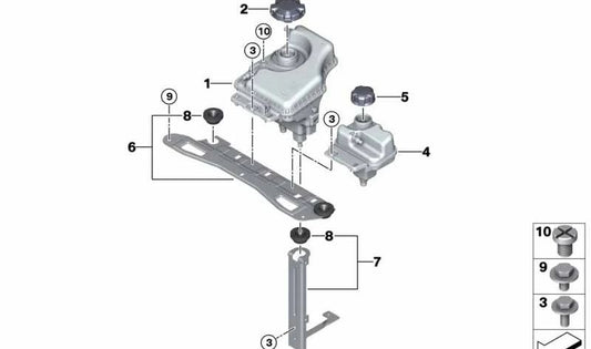 Depósito de expansión OEM 17138617047 para BMW F30 330e. Compatible con modelos del 02/11/2015 al 31/10/2018. Recambio original BMW.