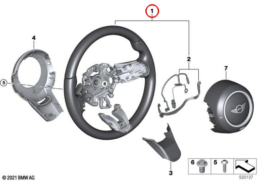 OEM Leather Sport Steering Wheel 32305A0C813 for MINI F56 LCI, F56 BEV LCI, F55 LCI, Clubman F54 LCI, Cabrio F57 LCI, Countryman F60 LCI. Original MINI.