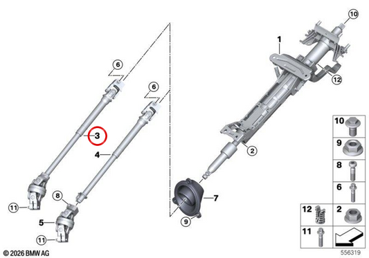 Eixo de direção inferior de junta dupla OEM 32306862088 para BMW G42, G20, G21, G28, G22, G23, G26. BMW genuíno.