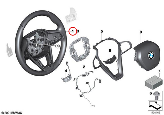 Volante deportivo de cuero con levas OEM 32306866466 para BMW G30, G31, G32, G11, G12, G14, G15, G16. Original BMW.