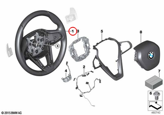 Volante sportivo in pelle con camme di scambio OEM 32306881409 per BMW G14, G15, G16. BMW originale.