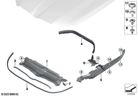 Front center engine compartment cover for BMW 5 Series G60 (OEM 51765A12203). Original BMW.