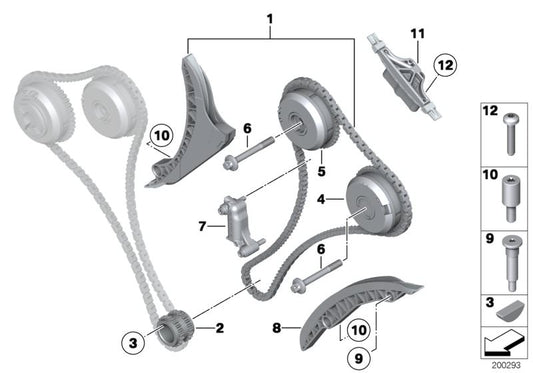 Cadena de distribución con guía tensora OEM 11318661670 para BMW F01, F02, G12 {760i, 760Li, M760Li xDrive} Motor N74. Original BMW.