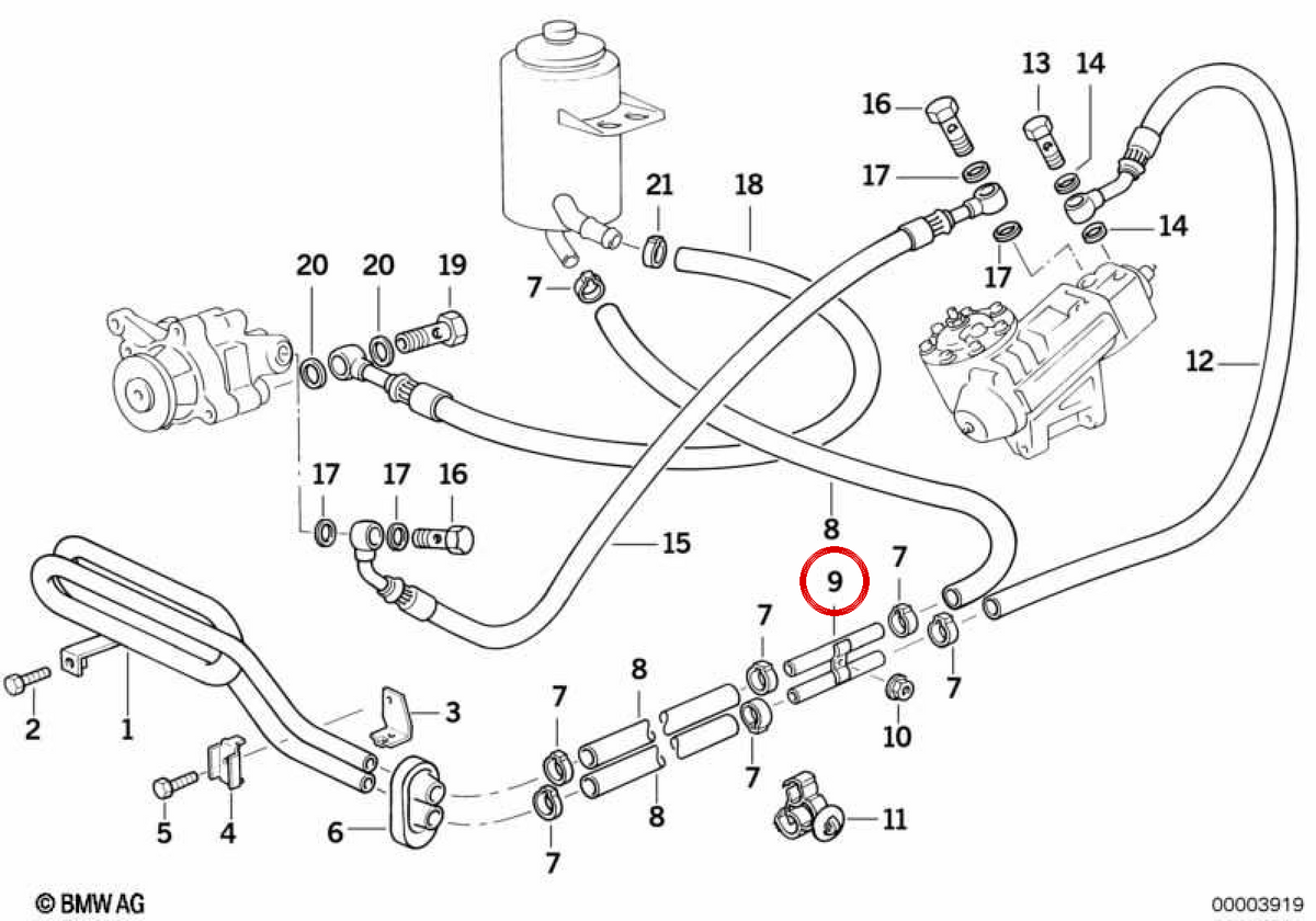 Assisted steering pipe 32411141530 for BMW E34, E32. Original BMW.