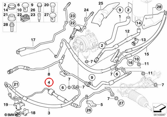 Mangueira de expansão de direção hidráulica OEM 32416767437 para BMW E60, E61, E63, E64. BMW genuíno.