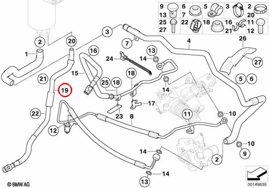 Tubería de retorno del radiador OEM 32416767989 para BMW E60, E61, E63, E64. Original BMW.