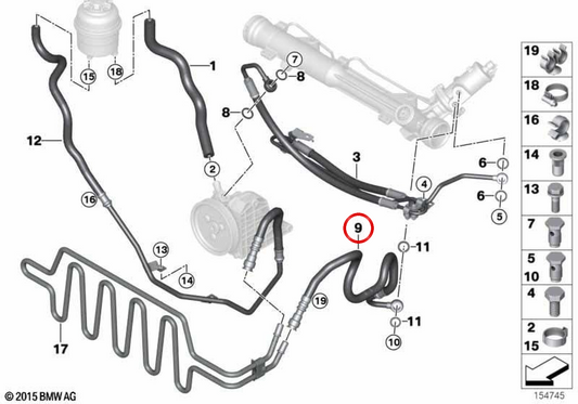 OEM 32416776342 Pipe di ritorno dello sterzo per BMW E93. BMW originale.