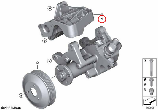 OEM assisted steering pump 32416781009 for BMW E70 (x5 3.0d, 3.0sd) and E71 (x6 xDrive30d, xDrive35D). Compatible with M57S and M57Y engines. Original BMW.