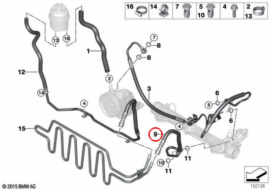 Direction assistée Tube de retour 32416781456 pour BMW E90, E91, E92, E93. BMW d'origine.