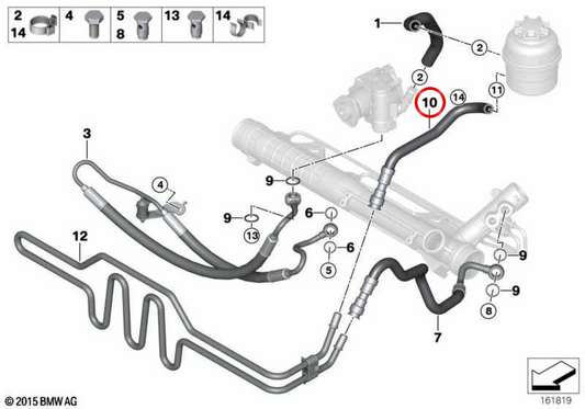 Tubo de retorno de fluido de direção OEM 32416783728 para BMW E90, E91, E92, E93. BMW genuíno.