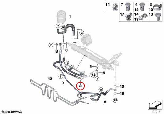 Tubo de expansión dirección asistida OEM 32416786384 para BMW E81, E82, E87, E88, E90, E91, E92, E93, E84. Original BMW.